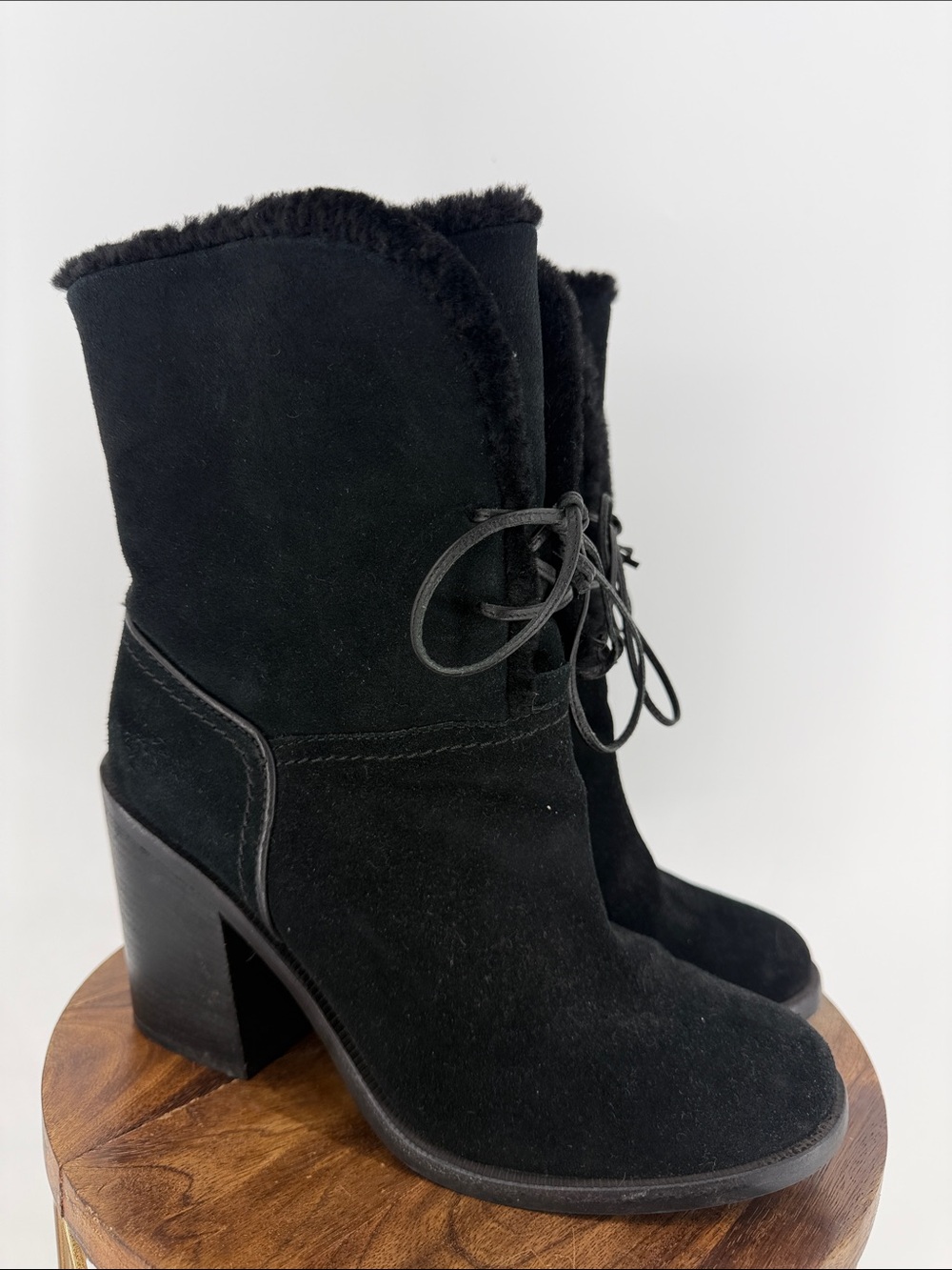 UGG Jerene Black Suede Shearling Lace Up Block Heel Boots Women’s Size 9